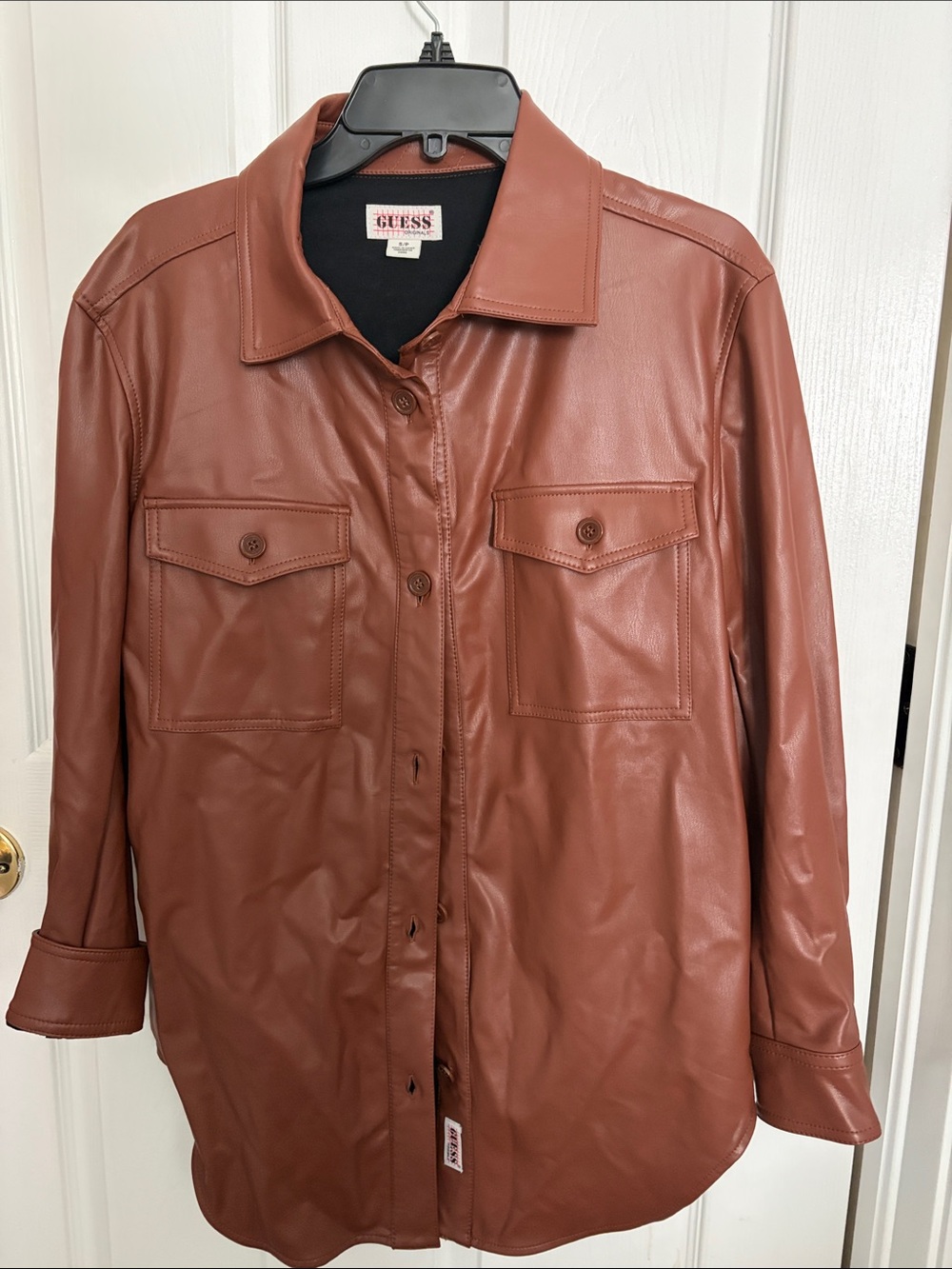 GUESS Women's Brown Faux Leather Shirt Jacket